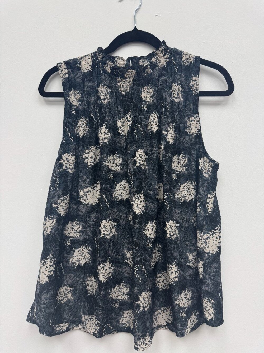Floral print smocked high neck blouse